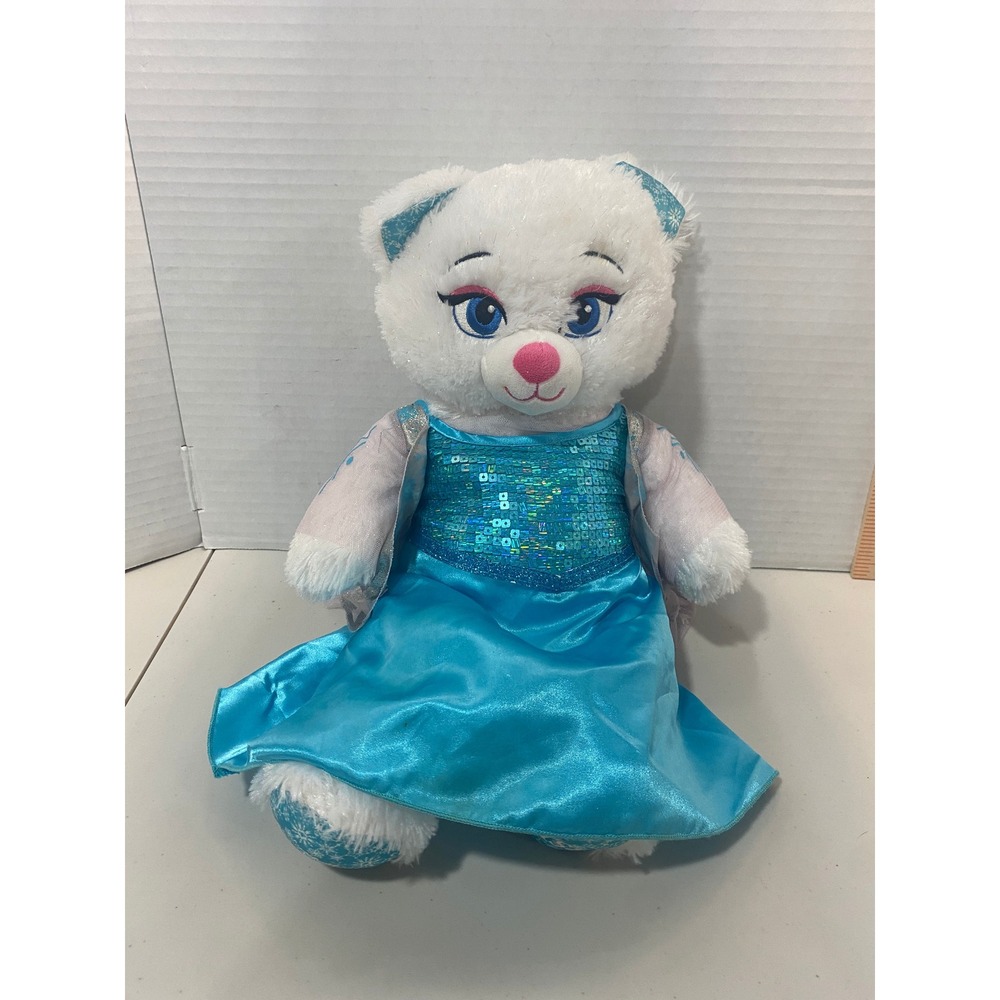 Build-A-Bear Plush Disney Frozen Elsa Bear White Shimmer Blue Sequin Dress Good